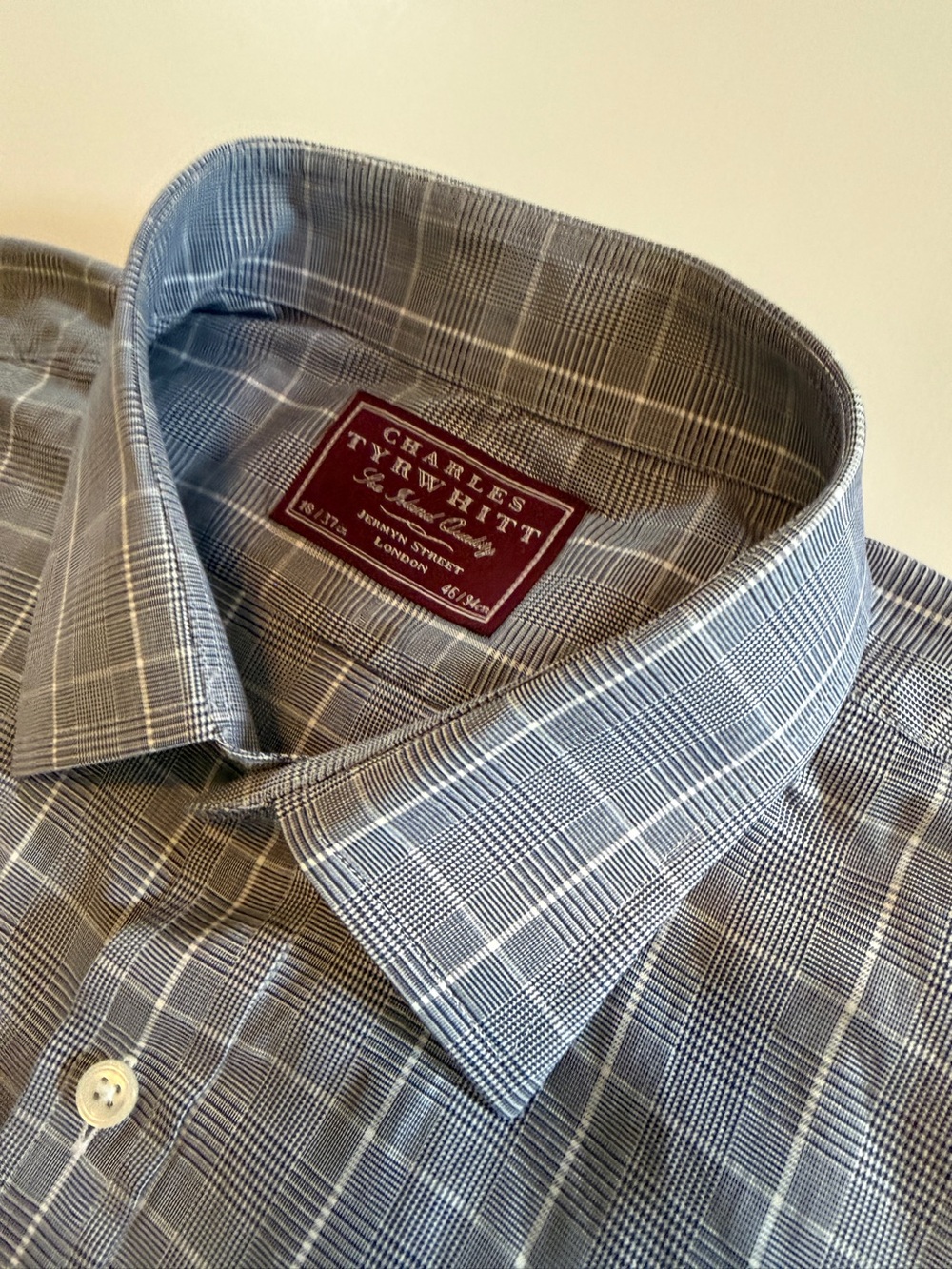 Charles Tyrwhitt Sea Island Quality Shirt 18/37 French Cuff MOP Blue Glen Plaid